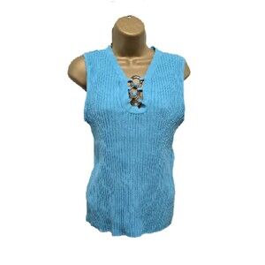 Knit V Neck Fitted Blue Sleeveless Sweater Womens Sz XL Y2K Ribbed Office Career